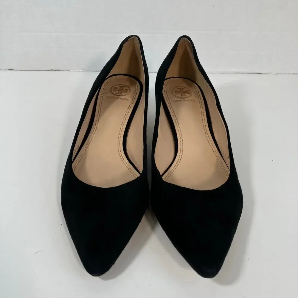Tory Burch Sz 9 Greenwich Black Suede Kitten Heels Pointed Toe Logo Heel